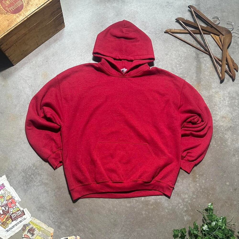 Vintage Y2K Red Solid Color Hoodie Mens XL 2000s Essentials Boxy Sweatshirt
